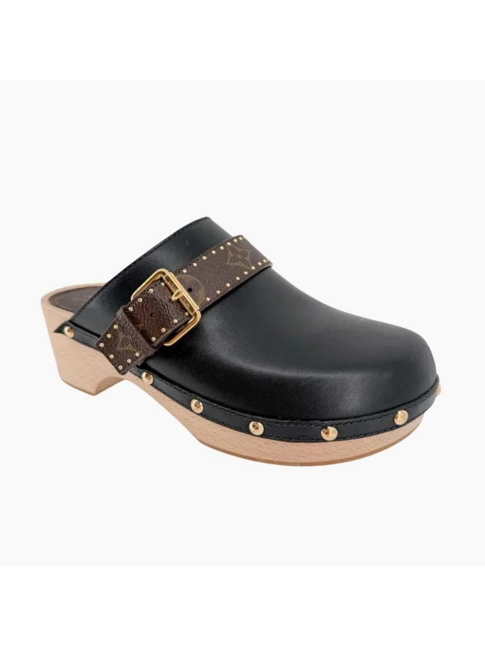 Louis Vuitton LV Cottage Mule Clogs Black Leather Size 39 US 9 Women's Wooden